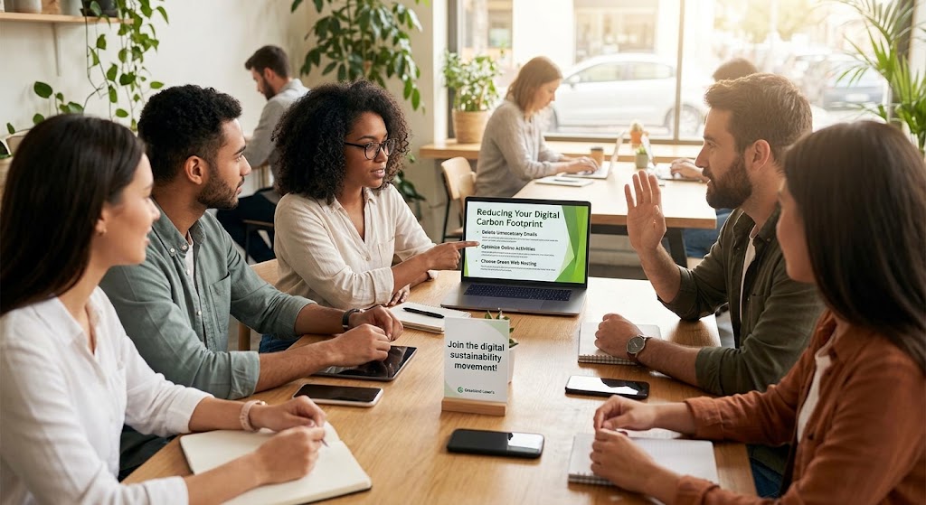 Group of younger adults around a table in a coffee shop discussing reduing digital carbon footprint